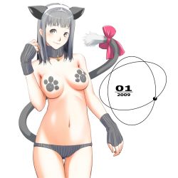 Rule 34 | 1girl, animal ears, bad id, bad pixiv id, blush, breasts, cat ears, cat tail, dated, fake animal ears, fingerless gloves, gloves, head tilt, medium breasts, nanahime, neck bell, panties, panties only, pasties, simple background, smile, solo, tail, topless, underwear, underwear only, white background
