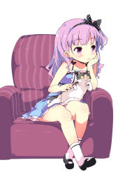 Rule 34 | 1girl, :3, armchair, blush, bow, cat, chair, child, dress, full body, hair bow, head rest, looking to the side, mary janes, petenshi (dr. vermilion), pink eyes, pink hair, puffy cheeks, shoes, simple background, sitting, slit pupils, smile, socks, solo, sundress, trait connection, white background, white socks