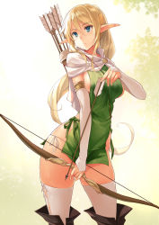 Rule 34 | 1girl, arrow (projectile), blonde hair, blue eyes, bow (weapon), breasts, cape, contrapposto, cowboy shot, dress, elbow gloves, elf, female focus, fingerless gloves, gloves, green dress, hair between eyes, highres, holding, holding weapon, kekemotsu, long ears, long hair, looking afar, medium breasts, microdress, original, panties, pointy ears, ponytail, quiver, side-tie panties, sideboob, skindentation, solo, standing, thighhighs, underwear, weapon, white gloves, white panties, white thighhighs