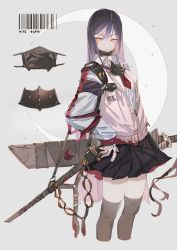 Rule 34 | 1girl, barcode, black skirt, blush, closed mouth, commentary, copyright request, cowboy shot, cropped legs, highres, holding, holding weapon, hxxg, long hair, long sleeves, mask, miniskirt, mouth mask, necktie, pink vest, pleated skirt, purple hair, red necktie, shirt, skirt, solo, sword, symbol-only commentary, thighhighs, thighs, vest, weapon, white shirt, wrapping, yellow eyes, zettai ryouiki