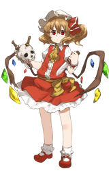 Rule 34 | 1girl, amonitto, ascot, blonde hair, dress, flandre scarlet, hair ribbon, hat, impaled, knife, looking at viewer, mary janes, mob cap, puffy short sleeves, puffy sleeves, red dress, red eyes, ribbon, sash, shirt, shoes, short sleeves, side ponytail, skull, solo, touhou, wide-eyed, wings, wrist cuffs