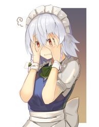 Rule 34 | 1girl, apron, blue dress, blush, bow, bowtie, braid, brown background, commentary request, dress, falken (yutozin), gradient background, green bow, green bowtie, hair between eyes, hair bow, hands on own face, hands up, highres, izayoi sakuya, maid, maid apron, nose blush, one-hour drawing challenge, puffy short sleeves, puffy sleeves, purple background, red eyes, shirt, short hair, short sleeves, silver hair, solo, touhou, twin braids, two-tone background, upper body, waist apron, white apron, white background, white shirt, wrist cuffs
