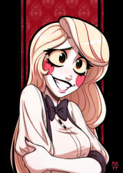 Rule 34 | 1girl, :d, absurdres, big hair, black nails, black neckwear, blazer, blonde hair, blush stickers, bow, breasts, buttons, charlie morningstar, colored sclera, colored skin, commentary, english commentary, grabbing own arm, grin, hazbin hotel, highres, jacket, long hair, marishils, medium breasts, nail polish, open mouth, puffy sleeves, red eyes, resolution mismatch, sharp teeth, smile, solo, source smaller, tareme, teeth, upper body, watermark, white skin, worried, yellow sclera