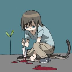 Rule 34 | 1girl, blood, blood on ground, blue eyes, blue shirt, blue sky, brown hair, brown pants, character request, closed mouth, copyright request, eel, full body, furrowed brow, highres, pants, shirt, shoes, short hair, short sleeves, sky, solo, squatting, stab, t-shirt, tsukumizu yuu