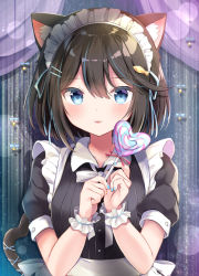 Rule 34 | 1girl, :p, animal ear fluff, animal ears, apron, black dress, black hair, blue eyes, breasts, candy, cat ears, cat girl, cat tail, closed mouth, commentary request, curtains, dress, food, hair between eyes, hands up, heart, heart-shaped lollipop, highres, holding, holding candy, holding food, holding lollipop, lollipop, looking at viewer, maid, maid headdress, masayo (gin no ame), original, puffy short sleeves, puffy sleeves, shaped lollipop, short sleeves, small breasts, smile, solo, swirl lollipop, tail, tail raised, tongue, tongue out, upper body, white apron, wrist cuffs