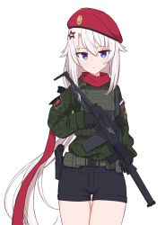 Rule 34 | 1girl, 9a-91, 9a-91 (girls&#039; frontline), bebetang, beret, blue eyes, camouflage, camouflage pants, cowboy shot, girls&#039; frontline, gun, hair ornament, handgun, hat, highres, holding, holding gun, holding weapon, holstered, long hair, military, military uniform, pants, pistol, russian flag, scarf, shorts, solo, star (symbol), star hair ornament, trigger discipline, uniform, very long hair, weapon, white background, white hair