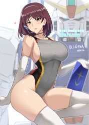 Rule 34 | 1girl, bare shoulders, bob cut, breasts, brown eyes, brown hair, choker, commentary, competition swimsuit, earrings, elbow gloves, english text, engrish text, gloves, ground gundam, gundam, gundam lost war chronicles, halcon, headset, heart, highres, jewelry, large breasts, mecha, noel anderson, one-piece swimsuit, ranguage, robot, sideboob, skindentation, solo, stud earrings, swimsuit, taut clothes, taut swimsuit, thighhighs, white gloves, white thighhighs