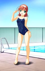 Rule 34 | 00s, 1girl, :d, ahoge, arena (company), barefoot, blue one-piece swimsuit, blue sky, breasts, brown hair, chain-link fence, clothes writing, collarbone, competition school swimsuit, competition swimsuit, covered navel, day, emblem, feet, fence, flipped hair, full body, green eyes, hairband, hand on own thigh, hand up, happy, head tilt, highres, kimi ga nozomu eien, legs, legs apart, looking at viewer, norizou type-r, one-piece swimsuit, open mouth, orange hair, outdoors, pool, pool ladder, poolside, salute, school swimsuit, shadow, sky, small breasts, smile, solo, standing, suzumiya akane, swimsuit, tile floor, tiles, water