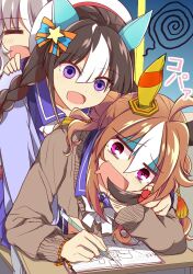 Rule 34 | 3girls, = =, ?, ahoge, animal ears, blush, bow, braid, brown hair, brown sweater, closed eyes, closed mouth, commentary request, copano rickey (umamusume), desk, drooling, ear covers, gloom (expression), grey hair, hair between eyes, hair ornament, hands on another&#039;s shoulders, head rest, highres, hokko tarumae (umamusume), holding, holding pencil, horse ears, horse girl, looking at viewer, mouth drool, multicolored hair, multiple girls, notebook, one eye closed, open mouth, pencil, purple eyes, purple skirt, school desk, school uniform, sitting, skirt, smile, squiggle, streaked hair, sweater, tracen school uniform, twin braids, umamusume, wahiko (black bastard), white bow, white hair, window, wonder acute (umamusume), writing