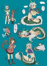 Rule 34 | 2girls, :3, all fours, animal ears, ankle socks, antlers, asymmetrical sidelocks, bakeneko, barefoot, black skirt, black socks, blue background, blush, braid, braided ponytail, breasts, brown footwear, brown hair, cat ears, cat girl, cat tail, claw pose, cleavage cutout, closed mouth, clothing cutout, cloud, collared shirt, cropped jacket, dragon ears, dragon girl, dragon tail, fang, fang out, full body, fur-tipped tail, giant, giantess, green nails, green scales, grey hair, hands up, headpat, highres, horns, hugging object, in palm, jacket, japanese clothes, kneeling, large breasts, lifted by tail, loafers, long hair, long sleeves, long tail, looking at another, looking back, michiyuki, multiple girls, multiple tails, multiple views, navel, one eye closed, original, paw pose, pleated skirt, purple jacket, sachilko (motiko), scales, shirt, shoes, short sleeves, simple background, sitting, skirt, squeans, sleeping, slit pupils, socks, sparkle, standing, stuffed animal, stuffed fish, stuffed toy, tail, tail raised, thought bubble, translation request, twintails, two tails, v, very long hair, white shirt, yellow eyes, zzz