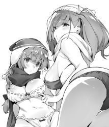 Rule 34 | 2girls, ass, atlanta (kancolle), bra, braid, breasts, empty eyes, greyscale, hat, kantai collection, large breasts, long hair, looking at viewer, looking back, monochrome, multiple girls, nonco, panties, scarf, shinshuu maru (kancolle), twin braids, twintails, underwear, winter clothes