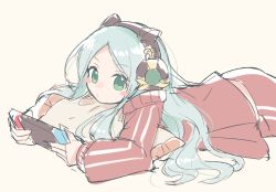 Rule 34 | 1girl, animal ears, blue hair, blush stickers, brown background, brown shirt, character request, closed mouth, fake animal ears, frilled pillow, frills, green eyes, headphones, highres, holding, jacket, kuuron (moesann17), long hair, long sleeves, lying, nintendo switch, on stomach, open clothes, open jacket, pants, parted bangs, pillow, puzzle &amp; dragons, red jacket, red pants, shirt, simple background, sketch, solo, track jacket, track pants, track suit, very long hair