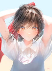 1girl absurdres adjusting_hair arms_up blue_sky blush brown_hair collared_shirt hair_ribbon hands_up highres jizell long_hair looking_at_viewer orange_eyes original outdoors parted_lips ponytail red_ribbon ribbon shirt short_sleeves sky solo white_shirt