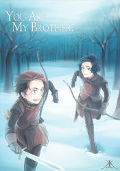 Rule 34 | 2boys, a song of ice and fire, aged down, animification, black hair, blue eyes, boots, bow (weapon), branch, brothers, english text, gloves, jon snow, looking at another, multiple boys, open mouth, red hair, robb stark, running, short hair, siblings, smile, snow, sword, tree, weapon
