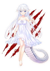 Rule 34 | 1girl, 47agdragon, bare shoulders, barefoot, blue eyes, breasts, collarbone, colored eyelashes, dragon girl, dragon tail, dress, highres, long hair, looking at viewer, original, pointing, pointy ears, smile, solo, strapless, strapless dress, tail, very long hair, white dress, colored eyelashes, white hair