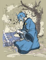 Rule 34 | 1boy, blue dress, blue hair, crown, dress, hair ornament, instrument, kairi (murasaki), male focus, matsuge (gajigaji), murasaki (game), piano, profile, solo, tree