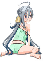 Rule 34 | 1girl, ahoge, ass, camisole, commentary request, crotch seam, from behind, full body, green camisole, green panties, grey eyes, grey hair, hair between eyes, hair bun, highres, kantai collection, kiyoshimo (kancolle), long hair, looking at viewer, looking back, low twintails, o3o, panties, polka dot, polka dot camisole, polka dot panties, pout, simple background, single hair bun, sitting, solo, strap slip, t2r, twintails, underwear, very long hair, wariza, white background