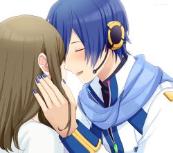 Rule 34 | 1boy, 1girl, absurdres, blue hair, blue nails, blue scarf, brown hair, coat, commentary, closed eyes, forehead-to-forehead, hand on another&#039;s head, heads together, headset, highres, hug, kaito (vocaloid), kaito (vocaloid3), master (vocaloid), medium hair, nail polish, nokuhashi, open mouth, scarf, shirt, smile, upper body, vocaloid, white background, white coat, white shirt, zipper