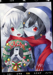 Rule 34 | 10s, 2girls, bandages, bell, black hair, black jacket, blue jacket, cellphone, christmas, christmas ornaments, christmas wreath, dress, grey dress, hair between eyes, hair ornament, hair ribbon, hat, holding, holding phone, jacket, konno junko, long hair, low twintails, merry christmas, mizuno ai, multiple girls, one eye closed, open mouth, patchwork skin, phone, red eyes, red scarf, ribbon, santa hat, scarf, selfie, short hair, shun no shun, silver hair, smartphone, smile, snow, snowing, taking picture, twintails, wreath, zombie, zombie land saga