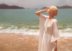 Rule 34 | 1girl, arm at side, blonde hair, blurry, blurry background, closed mouth, commentary, cowboy shot, day, depth of field, dress, closed eyes, from side, guweiz, hair ornament, hand on own face, hand up, ocean, original, outdoors, profile, short hair, solo, standing, water, white dress, wide sleeves