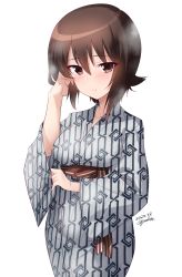 Rule 34 | 1girl, artist name, blush, breasts, brown eyes, brown hair, closed mouth, collarbone, dated, girls und panzer, highres, japanese clothes, kimono, kuzuryuu kennosuke, looking at viewer, medium breasts, nishizumi maho, short hair, simple background, smile, solo, standing, sweat, white background