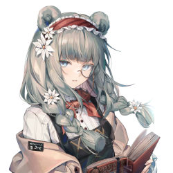 Rule 34 | 1girl, animal ears, arknights, bear ears, bear girl, blue eyes, blue hair, blunt bangs, book, braid, brown jacket, douya (233), fingernails, flower, frilled hairband, frills, hair flower, hair ornament, hair over shoulder, hairband, holding, holding book, istina (arknights), istina (bibliosmia) (arknights), jacket, lolita hairband, long hair, long sleeves, looking at viewer, monocle, neckerchief, off shoulder, official alternate costume, open book, red neckerchief, sarafan, shirt, solo, twin braids, white background, white flower, white shirt