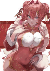 Rule 34 | 1girl, absurdres, alternate hairstyle, ange katrina, baozi, blue eyes, breast padding, china dress, chinese clothes, covered navel, double bun, dress, food, hand on own hip, hand on own chest, highres, looking up, nijisanji, red hair, solo, takena-c, triangle hair ornament, virtual youtuber