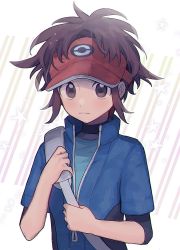 Rule 34 | 1boy, blue jacket, brown eyes, brown hair, closed mouth, commentary request, creatures (company), game freak, hat, highres, holding strap, jacket, looking at viewer, male focus, messy hair, nate (pokemon), nintendo, oshi taberu, pokemon, pokemon bw2, red hat, short sleeves, solo, star (symbol), upper body, visor cap
