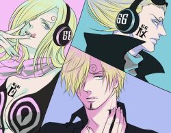 Rule 34 | 1girl, 2boys, artist request, bandana, blonde hair, blue eyes, brother and sister, cleavage, collared shirt, family, hair over one eye, headphones, low neckline, multiple boys, one piece, popped collar, sanji (one piece), siblings, source request, tattoo, tongue, v, vinsmoke family, vinsmoke reiju, vinsmoke yonji