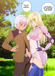 Rule 34 | 1boy, 1futa, aiz wallenstein, anasheya, armor, armored dress, armpits, asymmetrical armor, bell cranel, belt, black gloves, blonde hair, blue footwear, blue sky, blush, breastplate, breasts, covered navel, dress, dungeon ni deai wo motomeru no wa machigatteiru darou ka, elbow gloves, erection, frottage, futa with male, futanari, gloves, grass, hairband, hand on own hip, headpiece, jacket, large testicles, lips, long hair, long sleeves, looking at another, looking at penis, looking down, open mouth, outdoors, pants, pauldrons, penis, penis awe, penis comparison, penis size comparison, penis size difference, penises touching, red eyes, shadow, short dress, short hair, shoulder armor, signature, silver hair, sky, small penis, small penis humiliation, testicles, tree, uncensored, white dress, yellow eyes