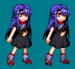 Rule 34 | 1girl, altrouge, beatrice (wild arms), black dress, dress, long hair, lowres, pixel art, purple hair, sidelocks, solo, wild arms, wild arms 3