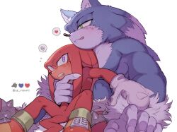 2boys animal_ears artist_name blue_fur blush clenched_teeth emoji fingernails furry furry_male gloves green_eyes heart knuckles_the_echidna licking_lips male_focus multiple_boys open_mouth purple_eyes red_footwear red_fur sharp_fingernails shoes simple_background sitting sk_rokuro sonic_(series) sonic_the_hedgehog sonic_the_werehog sonic_unleashed speech_bubble spoken_heart tail teeth tongue tongue_out twitter_username two-tone_footwear werehog white_background white_gloves yellow_footwear