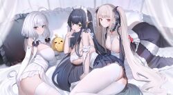 Rule 34 | 3girls, absurdly long hair, absurdres, ahoge, all fours, arm garter, arm support, ass, ass cutout, azur lane, bed, between breasts, black dress, black hair, black skirt, breasts, cleavage, clothing cutout, crotch cutout, crotchless, crotchless pantyhose, dress, elbow gloves, formidable (azur lane), frilled dress, frills, gloves, gothic lolita, green eyes, grey hair, highres, huge breasts, illustrious (azur lane), indomitable (azur lane), indomitable (ms. motivationless maid) (azur lane), jeze, large breasts, lolita fashion, long hair, lying, maid, maid headdress, manjuu (azur lane), multiple girls, official alternate costume, on side, pantyhose, pillow, pleated skirt, purple eyes, red eyes, ribbon, sidelocks, skirt, strapless, strapless dress, thighhighs, twintails, two-tone dress, two-tone ribbon, underboob, very long hair, white dress, white gloves, white hair, white pantyhose