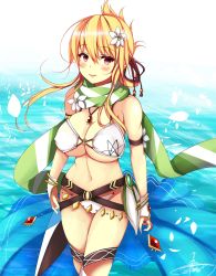 Rule 34 | 1girl, belt, bikini, blonde hair, bracelet, breasts, cleavage, cowboy shot, flower, flower knight girl, hair flower, hair ornament, highres, jewelry, kuchinashi (flower knight girl), large breasts, looking at viewer, necklace, o-ring, o-ring top, red eyes, scarf, short hair, smile, solo, striped clothes, striped scarf, suzume (simple0091), swimsuit, waist cape, water, white bikini