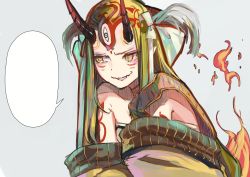 Rule 34 | 1girl, :d, absurdres, blank speech bubble, blonde hair, breasts, demon girl, dot nose, eyelashes, facing away, fang, fate/grand order, fate (series), forehead, highres, horns, ibaraki douji (fate), isaka wasabi, japanese clothes, kimono, long hair, looking away, looking to the side, markings, no eyebrows, off shoulder, oni, oni horns, open mouth, pointy ears, sidelocks, silver background, simple background, slit pupils, small breasts, smile, solo, speech bubble, straight hair, tattoo, template, third eye, tsurime, upper body, white background, yellow eyes, yellow kimono
