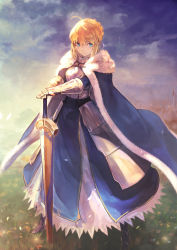 Rule 34 | 1girl, ahoge, armor, armored boots, armored dress, artoria pendragon (all), artoria pendragon (fate), blonde hair, blue cape, blue dress, blue eyes, blue ribbon, blue sky, boots, braid, braided bun, cape, closed mouth, day, dress, excalibur (fate/stay night), fate/stay night, fate (series), faulds, full body, fur cape, gauntlets, hair bun, hair ribbon, hands on hilt, highres, long dress, looking to the side, outdoors, ribbon, saber (fate), shirataki jiro, short hair, sky, solo, standing, sword, weapon