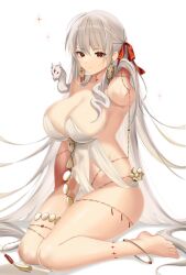 Rule 34 | 1girl, absurdres, bare shoulders, barefoot, belly chain, blush, body markings, breasts, cleavage, collarbone, colored skin, durga (fate), earrings, fate/grand order, fate (series), gradient skin, grey hair, hair ribbon, highres, jewelry, large breasts, long hair, looking at viewer, oxygen mask (oxygenmask233), pelvic curtain, red eyes, red skin, revealing clothes, ribbon, sash, sitting, snake, solo, thighs, very long hair, wariza