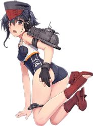 Rule 34 | 10s, 1girl, ass, black hair, fingerless gloves, framed breasts, full body, gloves, hat, headphones, i-14 (kancolle), kantai collection, lowres, machinery, official art, open mouth, sandals, school swimsuit, shizuma yoshinori, short hair, solo, swimsuit, transparent background