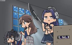 Rule 34 | 4girls, abyssal ship, alternate costume, animal collar, arashio (kancolle), black hair, box, brown eyes, brown hair, collar, commentary request, glaive (polearm), glowing, glowing eyes, gradient hair, halo, hamu koutarou, headgear, highres, indoors, kantai collection, long hair, mechanical halo, multicolored hair, multiple girls, open mouth, polearm, purple eyes, purple hair, re-class battleship, school swimsuit, short hair, short hair with long locks, sidelocks, silver hair, smirk, swimsuit, tatsuta (kancolle), tokitsukaze (kancolle), trembling, weapon