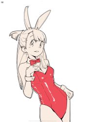Rule 34 | 1girl, alternate costume, animal ears, bow, bowtie, detached collar, fake animal ears, highleg, highleg leotard, highres, kagari atsuko, leotard, little witch academia, looking at viewer, partially colored, playboy bunny, playboy bunny, psylduck, rabbit ears, red leotard, solo, strapless, strapless leotard, wrist cuffs