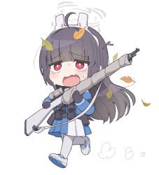 Rule 34 | 1girl, animal ears, binoculars, black hair, blue archive, blue skirt, blunt bangs, bolt action, bright pupils, chibi, fake animal ears, full body, gun, halo, holding, holding gun, holding weapon, leaf, leaf on head, long hair, miyu (blue archive), mosin-nagant, nnyu, open mouth, pleated skirt, rabbit ears, red eyes, rifle, running, shoes, simple background, skirt, sneakers, solo, sweat, nervous sweating, weapon, white background, white footwear
