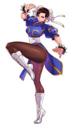 Rule 34 | 1girl, absurdres, blue eyes, boots, bracelet, breasts, brown hair, brown pantyhose, bun cover, capcom, china dress, chinese clothes, chun-li, closed mouth, commentary request, cross-laced footwear, double bun, dress, earrings, fighting stance, full body, gold trim, hair bun, hair ornament, highres, jewelry, knee boots, lace-up boots, leg up, leotard, leotard peek, lips, looking at viewer, medium breasts, pantyhose, pelvic curtain, puffy short sleeves, puffy sleeves, shiny clothes, shiny skin, short sleeves, simple background, solo, spiked bracelet, spikes, standing, standing on one leg, street fighter, street fighter ii (series), tsuyoshi takaki, white background, white footwear