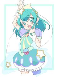 Rule 34 | 1girl, aqua dress, aqua eyes, aqua hair, arm up, blush, covering own mouth, cowboy shot, cure milky, dress, earrings, hagoromo lala, hair between eyes, hair ornament, hairband, hand over own mouth, highres, jewelry, looking at viewer, magical girl, medium hair, moko 7 moko, open mouth, pointy ears, pouch, precure, puffy short sleeves, puffy sleeves, see-through, see-through sleeves, short sleeves, solo, standing, star (symbol), star earrings, star hair ornament, star twinkle precure, wrist cuffs, yellow hairband