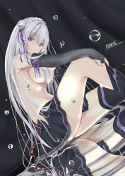 Rule 34 | 1girl, absurdres, araishi maro, bad id, bad pixiv id, belt, black gloves, black skirt, black thighhighs, braid, breasts, closed mouth, convenient censoring, crown braid, curtains, dutch angle, elbow gloves, emilia (re:zero), fingerless gloves, flower, from side, gloves, hair censor, hair flower, hair ornament, hair over breasts, highres, knee up, long hair, looking at viewer, looking to the side, medium breasts, miniskirt, pleated skirt, purple eyes, re:zero kara hajimeru isekai seikatsu, signature, silver hair, skirt, smile, solo, thighhighs, topless, undressing, very long hair, water, white flower