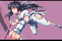 Rule 34 | 10s, 1boy, arrow (projectile), black hair, bow (weapon), drifters, long hair, male focus, nasu no yoichi, open mouth, ponytail, purple eyes, simple background, solo, trap, weapon
