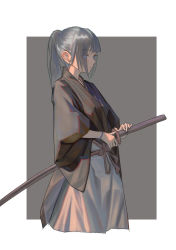Rule 34 | 1girl, border, brown kimono, cropped legs, grey eyes, grey hair, highres, holding, holding sword, holding weapon, homajor, japanese clothes, kimono, long hair, original, ponytail, sheath, simple background, solo, sword, weapon, wristband