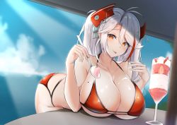 Rule 34 | 1girl, absurdres, ass, azur lane, bare shoulders, bikini, blush, breast rest, breasts, breasts on table, cleavage, collarbone, food, hair between eyes, hair ornament, highres, holding, holding spoon, huge breasts, ice cream, j yak47, leaning forward, leaning on table, looking at viewer, mole, mole on breast, multicolored hair, prinz eugen (azur lane), red bikini, solo, spill, spoon, streaked hair, swimsuit, table, tongue, tongue out, twintails, white hair, yellow eyes