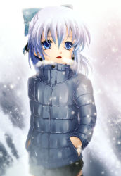 Rule 34 | 1girl, blue eyes, blue hair, bow, cirno, coat, female focus, gradient background, hair bow, matching hair/eyes, short hair, snowing, solo, touhou, uraomote