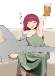 Rule 34 | 1boy, 1girl, absurdres, alcohol, licking armpit, armpits, barefoot, beer, blunt bangs, bocchi the rock!, ear piercing, fang, feet, foot out of frame, hetero, highres, hiroi kikuri, jikatarou, licking, nail polish, piercing, red hair, simple background, steam, steaming body, toe scrunch, toenail polish, toenails, toes, translated, white background