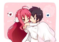 Rule 34 | 1boy, 1girl, ahoge, arms around neck, bare shoulders, black hair, blush, breasts, bridal gauntlets, bride, brown eyes, brown hair, carrying, chibi, closed mouth, commentary request, couple, dracu-riot!, dress, flower, formal, frilled dress, frilled gloves, frills, gloves, hair between eyes, hair intakes, hair ribbon, hakutocake, happy, heads together, heart, hetero, hug, large breasts, long dress, long hair, long sleeves, looking at another, mutsura yuuto, one eye closed, open mouth, parted bangs, pink background, princess carry, red hair, ribbon, rose, short hair, sidelocks, simple background, sleeveless, sleeveless dress, smile, spiked hair, spoken heart, standing, suit, tears, very long hair, wavy hair, wedding, wedding dress, white dress, white gloves, white ribbon, white suit, yarai miu, yellow eyes